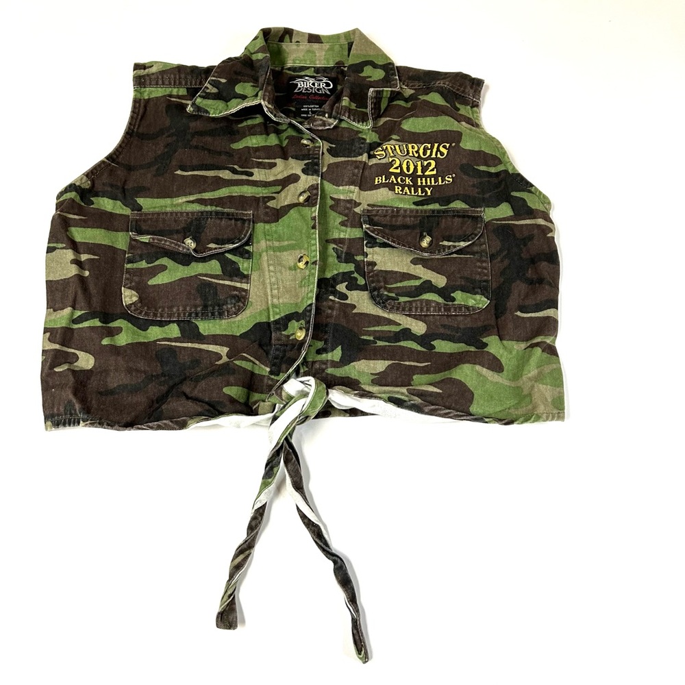 Y2K 2012 Sturgis Biker Design Front Tie Button Down Women’s Top Large Camo #2655
